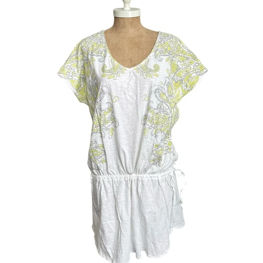 PrAna White Paisley Organic Cotton Drawstring Tunic Dress | XL | Boho Beach